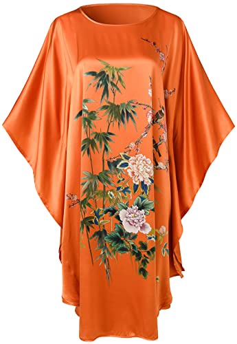 Ledamon レディース シルク100%ローブ ショートバスローブ ナイトガウン パジャマ 寝間着 クラシックバットウィングスリーブ, ダークオレンジ, One Size