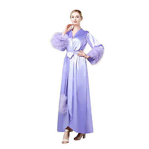 BATHGOWN レディース ローブ ファー ナイトガウン バスローブ 寝間着 フェザーブライダルローブ ベルト付き, ラベンダー, XX-Large