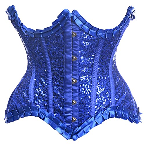Daisy Corsets レディース トップ引き出し ブルーサテン&スパンコール アンダーワイヤー 曲線カット スチールボーン入りウエストシンチャーコルセット, ブルー, Large