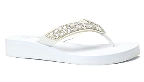 REDVOLUTION レディース ラインストーン サンダル ハイ | ロープラットフォーム Tストラップ ジュエル サンダル ハイウェッジ ビーチサンダル US サイズ: 10 カラー: ホワイト