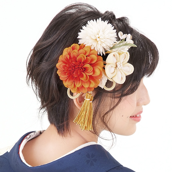 成人式 髪飾り 振袖 髪飾り2点セット「オレンジ色のお花、つまみのお花、房飾り」コーム つまみ細工髪飾り＜H＞ss2512wkk10_4
