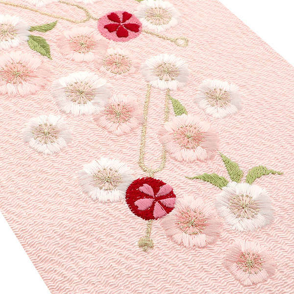 刺繍 半衿「ピンク色 かんざし、桜」IKKO 刺繍半襟 振袖衿 洒落衿＜H