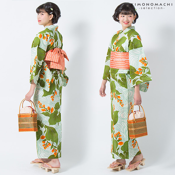 芸艸堂 浴衣単品「緑×オレンジ 水葵」UNSODO 山本雪桂 綿紅梅 綿浴衣 [送料無料]ss2512ykl45 芸艸堂 浴衣単品「緑×オレンジ 水葵」UNSODO 山本雪桂 綿紅梅 綿浴衣
