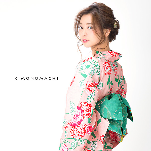 KIMONOMACHI 浴衣セット「ピンク 薔薇」浴衣、浴衣帯 S、F、TL