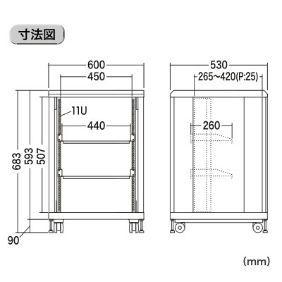 19インチラック 11U コンパクトタイプ ラックマウント型 ブラック 中棚 2枚付き [100-SV005]_10