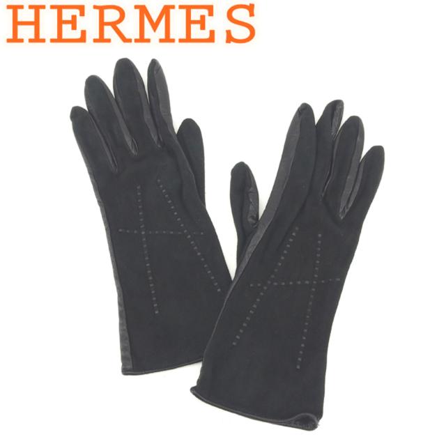 【未使用級】HERMES エルメス　最上級カシミア スエード　手袋　Hロゴ　黒 未使用級】HERMES エルメス 最上級カシミア スエード 手袋 Hロゴ 黒