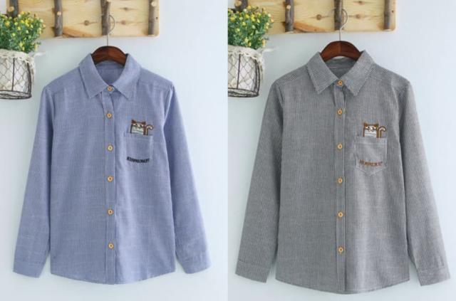 83038 猫刺繍レディースシャツ長袖ブラウス春秋ボーダー柄ガーリー通学 