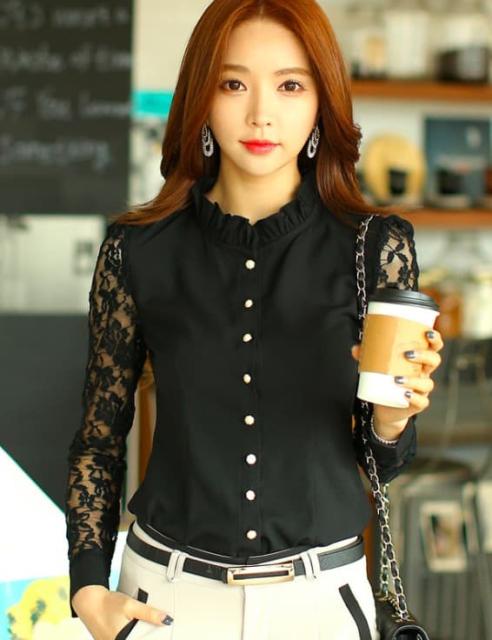 038 開襟シャツ春秋レディーストップス通勤スタンドカラー細身フォーマル長袖ワイシャツ就活ブラウス仕事セクシー透けレーススーツシャの通販はau Pay マーケット Hhcストア