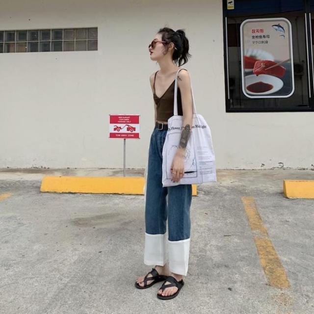 シンプル 無地 原宿系 バイカラー サーフ レディース春夏 定番 太ロールアップ風 お カジュアル 人気 ストリート デニムパンツ ワイドの通販はau Pay マーケット Hhcストア