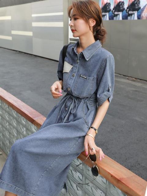 デニムワンピース 膝丈 ワンピース レディース ミモレ丈 膝丈 デニム ハイウエスト かわいい 半袖 カジュアル 無地 シャツ風 春 夏 秋 安の通販はau Pay マーケット ツヨシスタイル