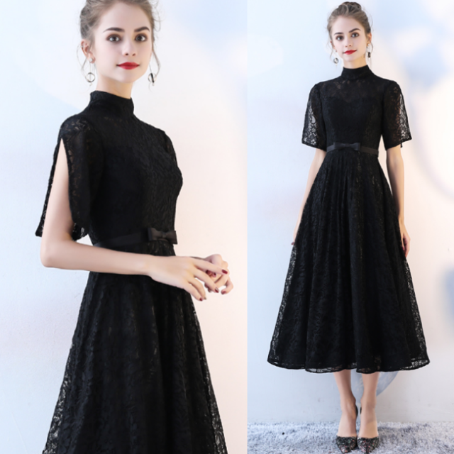 パーティードレス 袖あり 黒 結婚式 お呼ばれドレス レース ワンピース レース パーティ ドレス 結婚式 二次会 演奏会 お呼ばれ ワンピーの通販はau Pay マーケット ツヨシスタイル