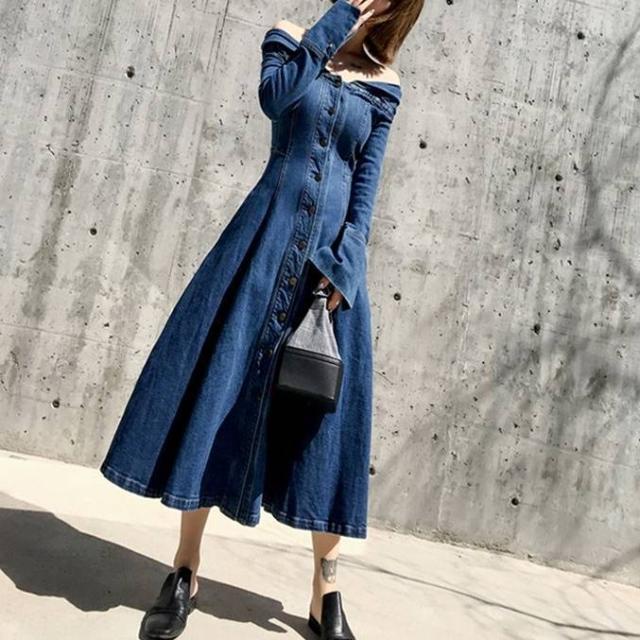 デニムワンピース オフショル 長袖 大人可愛い ミモレ丈 フレア 大きいサイズ Xl ブルーデニム ワンピース ドレス デニム きれいめ おしの通販はau Pay マーケット ツヨシスタイル