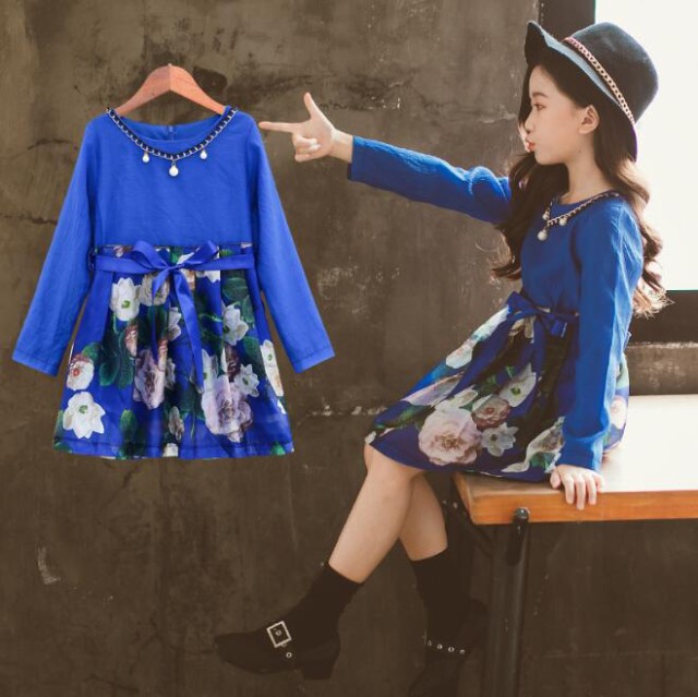 韓國子供服18新作ワンピース秋著女の子長袖可愛い花柄ブルーファッション感お嬢様風110 1 130 140 150 16の通販はau Pay マーケット 東京 Com
