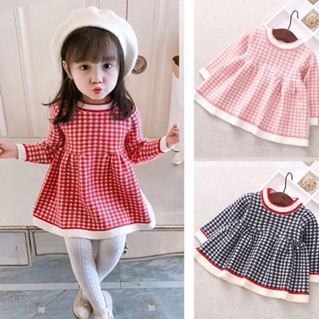 こども 長袖 子供服 女の子 ベビー服 ニット ワンピース チェック柄