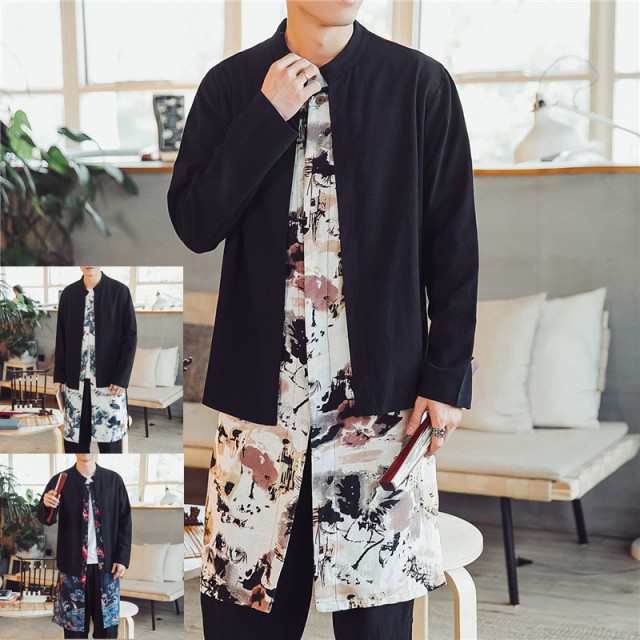 シャツ メンズ カーディガン 切替 花柄 和服風 綿麻 ゆったり フェイクインナー ロング丈 春秋 大きいサイズあり アウター カジュアルの通販はau Pay マーケット ツヨシスタイル