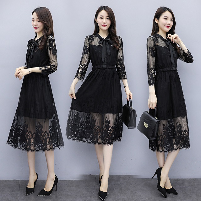 レースワンピースドレス ワンピース シースルー シフォン 黒 レース 結婚式 総レース 透け感 トップス 長袖 ひざ丈 ワンピース ｖネックの通販はau Pay マーケット アタックチャンスストア