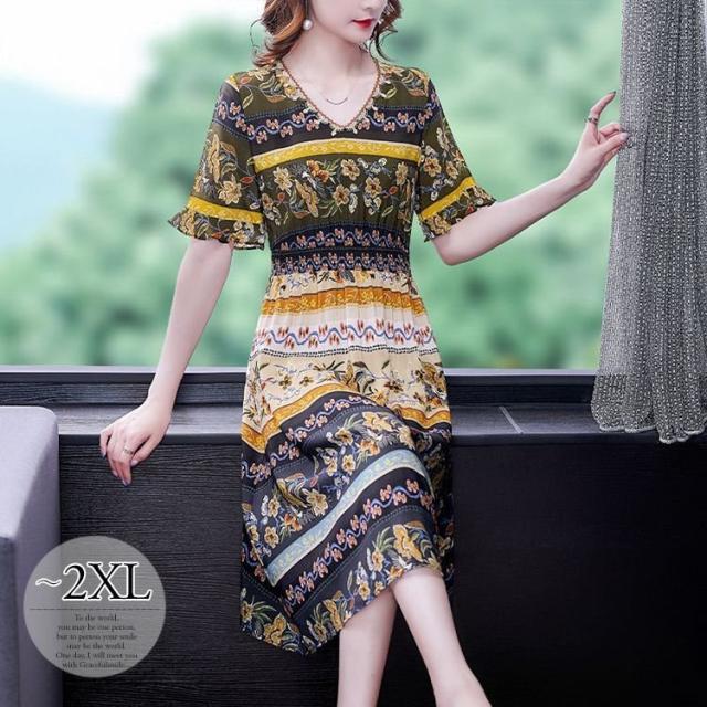 休日 ママ Vネック ワンピース 花柄 北欧風 ガーリー ストリート ウエスト切替 大人可愛い 膝下丈 デート 定番 美人 女子旅 母親 甘めの通販はau Pay マーケット アタックチャンスストア