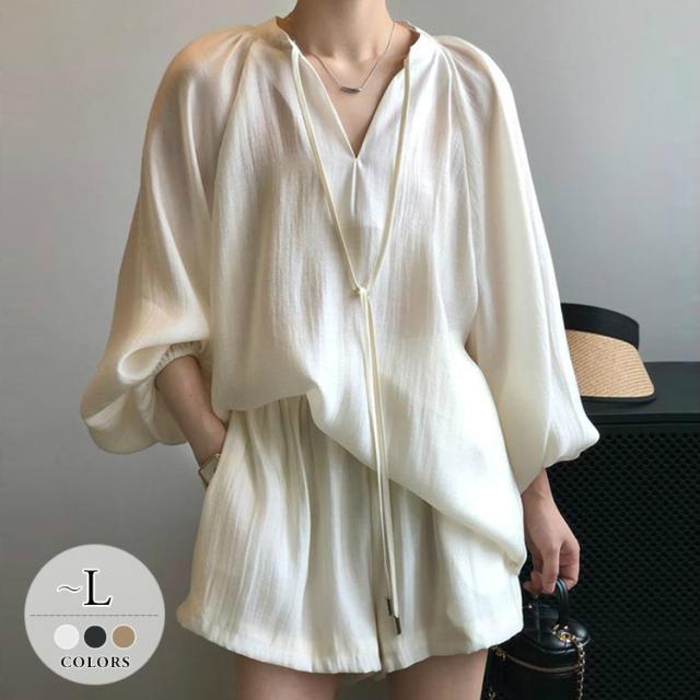 ブラウス セットアップ シャツ トップス 長袖 夏 レディース 大きいサイズ 30代 40代 50代 きれいめ 上品 ショートパンツ 無地 バルーンスリーブ ゆったり リゾートスタイル シンプル ベーシック ホワイトの通販は 9,418円