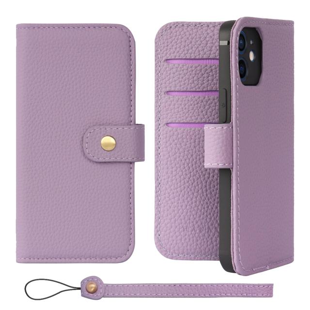 [HANATORA] iPhone12mini ケース 手帳型 本革 シュリンクカーフレザー スマホケース スタンド機能 ベルトあり マグネットなし ラベンダーの通販は