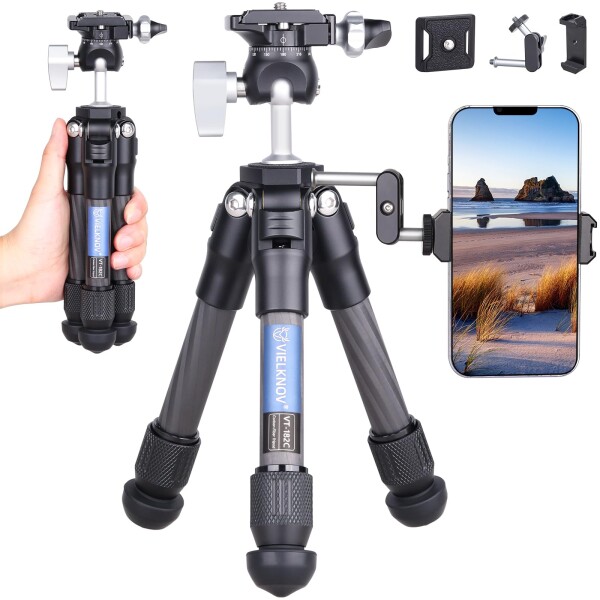 【送料無料】VIELKNOV ミニカーボン 三脚 逆ボール雲台+マジックアームとスマホクリップ付き カーボン ファイバー 軽量 持ち運びに便の通販は