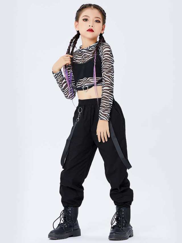 ゼブラ柄 ダンス衣装 キッズ ダンス 長袖 セットアップ デニムパンツ 女の子 ダンス カーゴ パンツ キッズ 夏用 ダンス キッズ ヒップホップ ダンス ガールズ ショート K-POP 演出 応援団