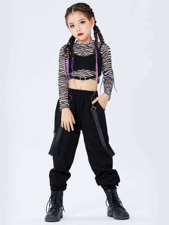ゼブラ柄 ダンス衣装 キッズ ダンス 長袖 セットアップ デニムパンツ 女の子 ダンス カーゴ パンツ キッズ 夏用 ダンス キッズ ヒップホップ ダンス ガールズ ショート K-POP 演出 応援団