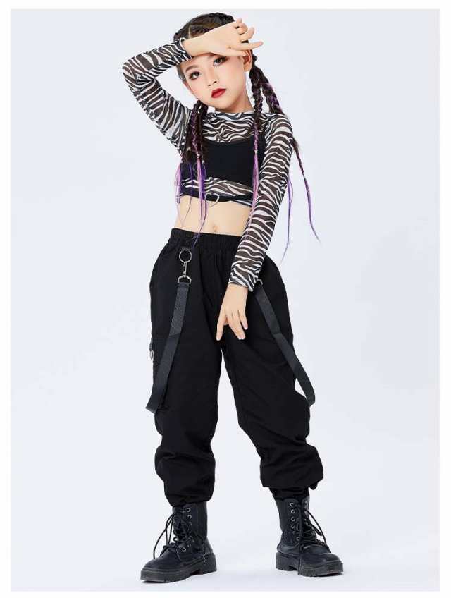 ゼブラ柄 ダンス衣装 キッズ ダンス 長袖 セットアップ デニムパンツ 女の子 ダンス カーゴ パンツ キッズ 夏用 ダンス キッズ ヒップホップ ダンス ガールズ ショート K-POP 演出 応援団