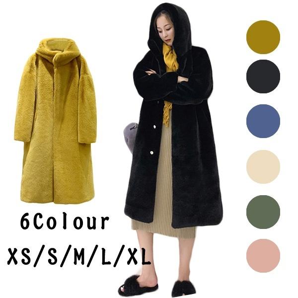 ボリュームファーコート フェイクファー ミドル丈 レディース 冬 厚手 防寒 フード付き 黒 かわいい 韓国 カバー