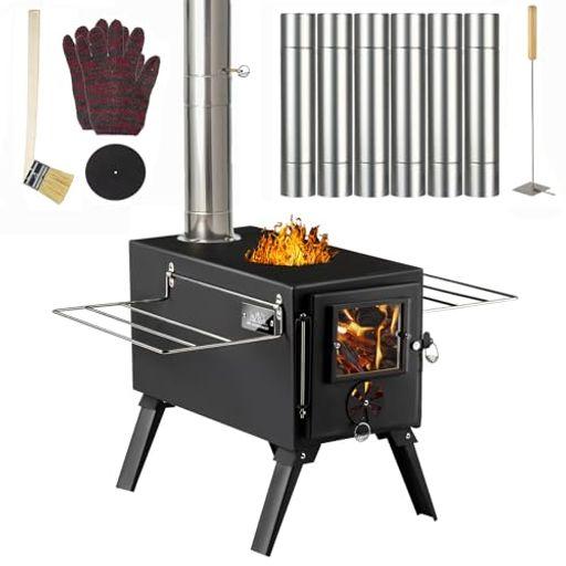【送料無料】薪ストーブ AVOFOREST キャンプ用 折りたたみ式 7段階煙突 耐熱ガラス グリッド棚付き コンパクト収納 スチール製 耐