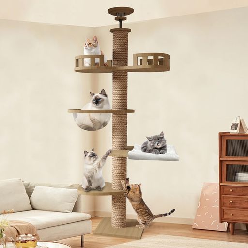 【送料無料】COZYMEOW キャットタワー 突っ張り 木製 キャットツリー 木登りタワー 多層無垢材 太い支柱 スリム 宇宙船 ハンモック