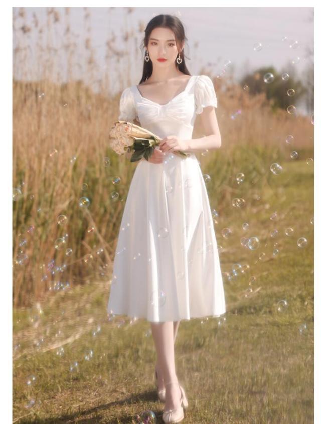 パーティードレス ミモレ丈 ウエディングドレス 結婚式ドレス 二次会 衣装 舞台 披露宴 演奏会 発表会 ピアノ 20代 30代 40代 イベント用 上品 袖あり