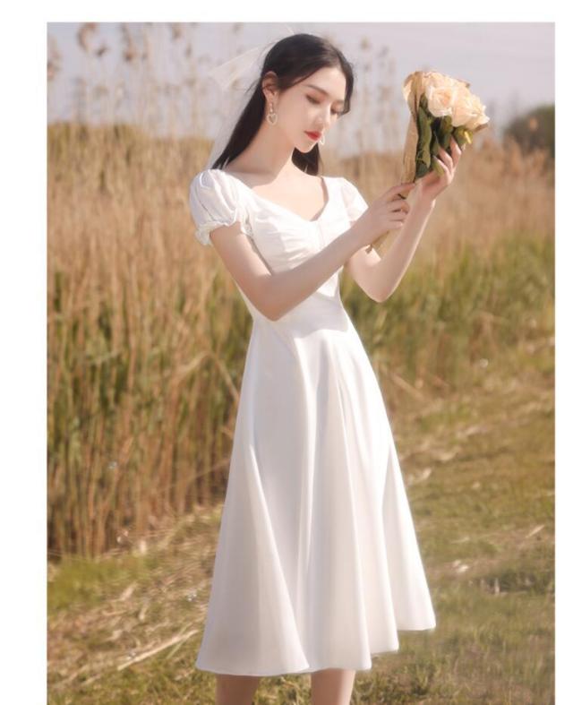 パーティードレス ミモレ丈 ウエディングドレス 結婚式ドレス 二次会 衣装 舞台 披露宴 演奏会 発表会 ピアノ 20代 30代 40代 イベント用 上品 袖あり_4