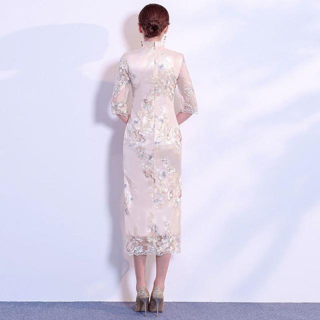 チャイナドレス ワンピース スリット マキシ丈 チャイナ服 コスチューム コスプレ衣装 レース 刺繍 五分袖 フォーマル レトロ きれいめ 着やせ 結婚式 上品_7