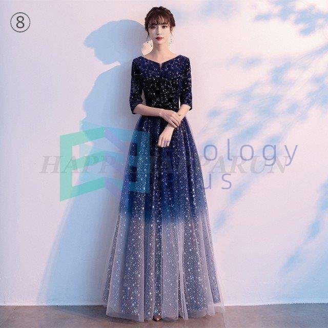 パーティードレス ロング ロングドレス 結婚式 お呼ばれドレス 演奏会 カラードレス 袖あり Aライン チュール 大きいサイズ 3L 4L 5L 6L 小さいサイズ_9