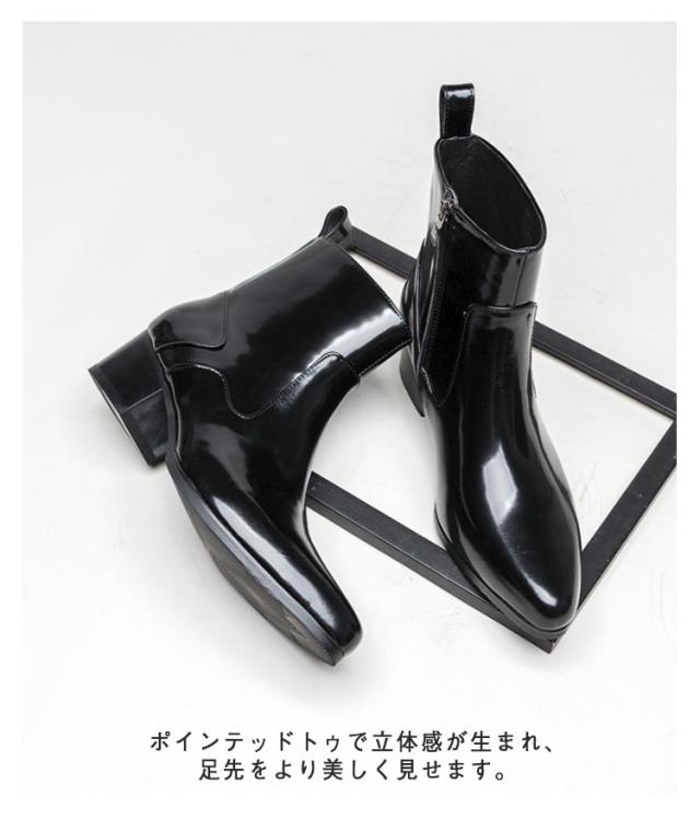 ブーツ メンズ ヒール 高め 本革 革靴 身長アップ 5cmヒール ドレスシューズ ドレスブーツ ホストブーツ ポインテッドトゥ ローヒール ブラック ヒールブーツ パーティー お兄系 渋谷系 モード系 裏起毛付き 裏起毛なし 23-27cm_5