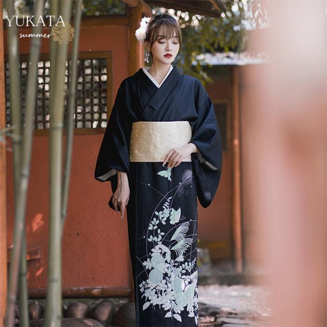 単品 ゆかた 浴衣 レディース　女性 ブラック 黒 洗える 街着 文化祭 夏 花火 花柄 上品 可愛い 花見 花 花柄 着物 婦人 古典 着れる キュート 大人シンプル