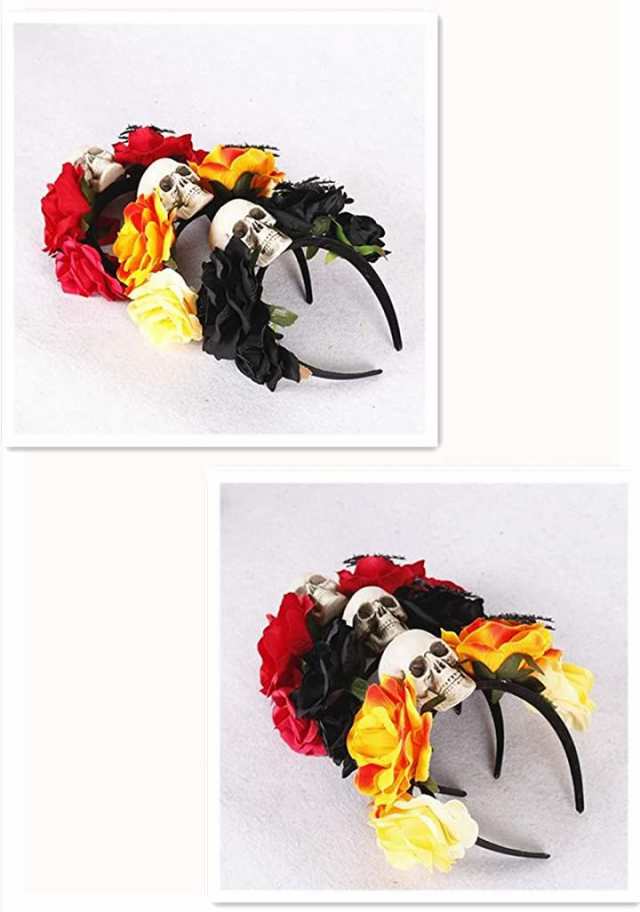 激安の ドクロ　ブラック,　ヘッドドレス　メキシコ　S620(　風　ハロウィン　薔薇　本格　レディース　コスチューム用小物　フリーサイズ)　カチューシャ　死者の日