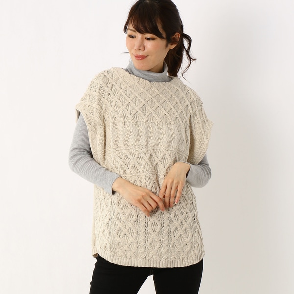 スーパーハッカ/コットンアクリルアラン柄＆リブ編みハイネックベスト