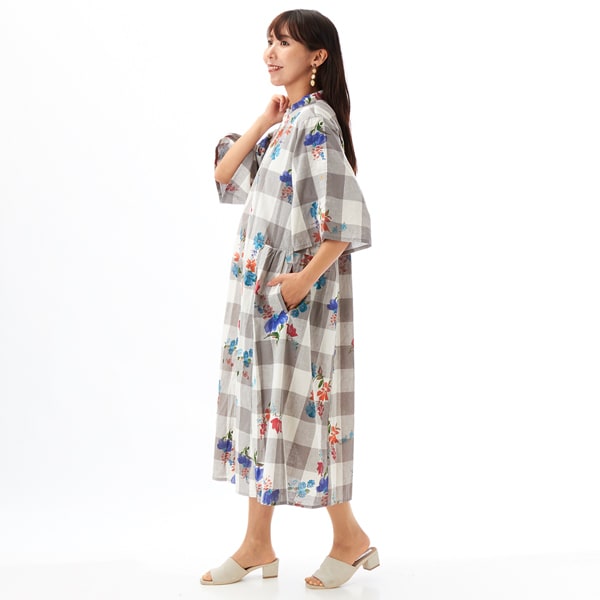 SUPERHAKKA 綿麻先染めブロックチェックフラワーロンドプリントワンピース 69ce015-21169-01b.jpg