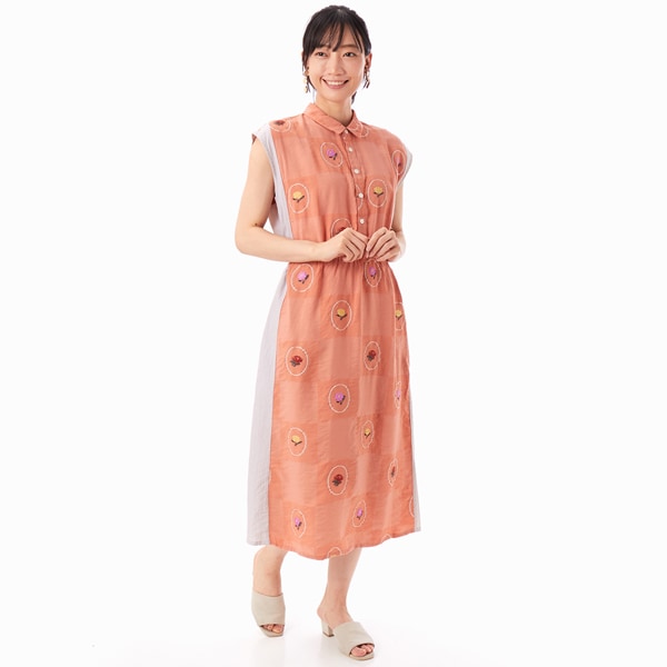 スーパーハッカ（SUPER HAKKA）/窓辺の花ジャカード×ストライプノースリーブワンピース