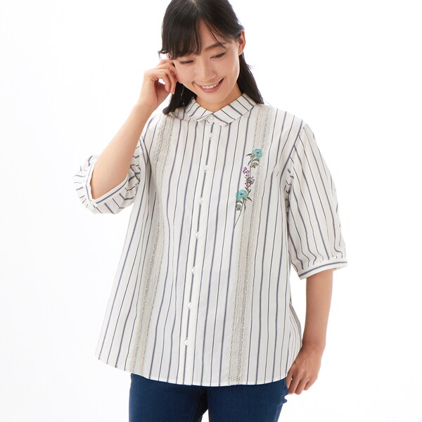 スーパーハッカ（SUPER HAKKA）/オーガニックコットンストライプ×３０/−天竺スウィングフラワー刺繍シャツブラウス