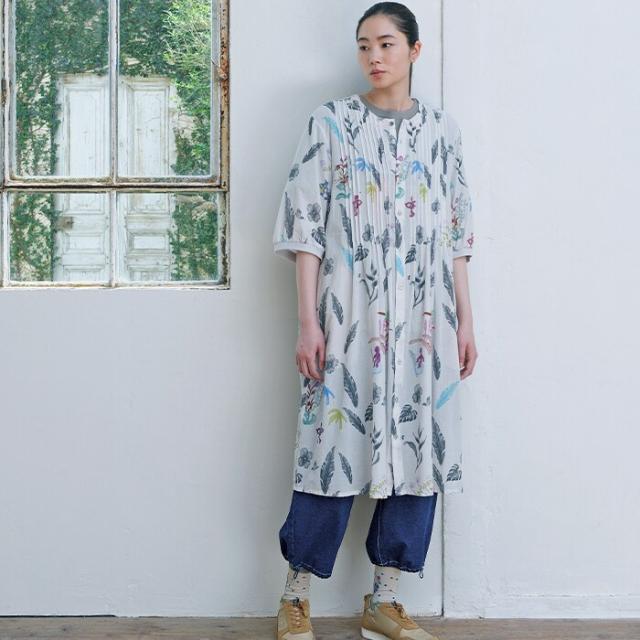 スーパーハッカ（SUPER HAKKA）/SUPER HAKKA×さかたきよこ「noon」/「forest」プリントピンタックワンピース