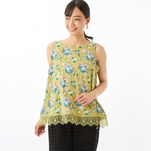 スーパーハッカ（SUPER HAKKA）/度甘天竺フラワーポムプリント×ケミカルレースタンクトップ