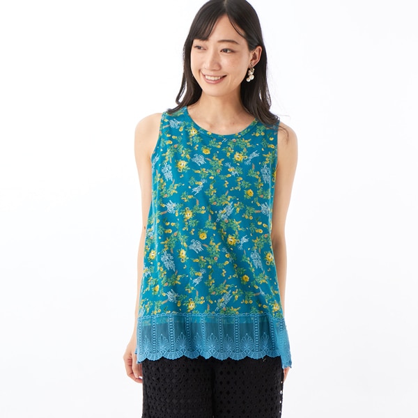 スーパーハッカ（SUPER HAKKA）/度甘天竺アンティークフラワードローイングプリント×チュールレースタンクトップ