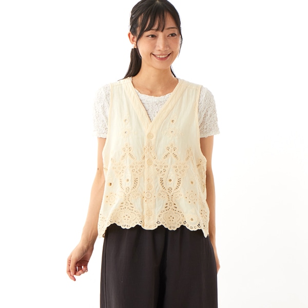 スーパーハッカ（SUPER HAKKA）/コットンローンフラワースカラップケミカルレースベストブラウス