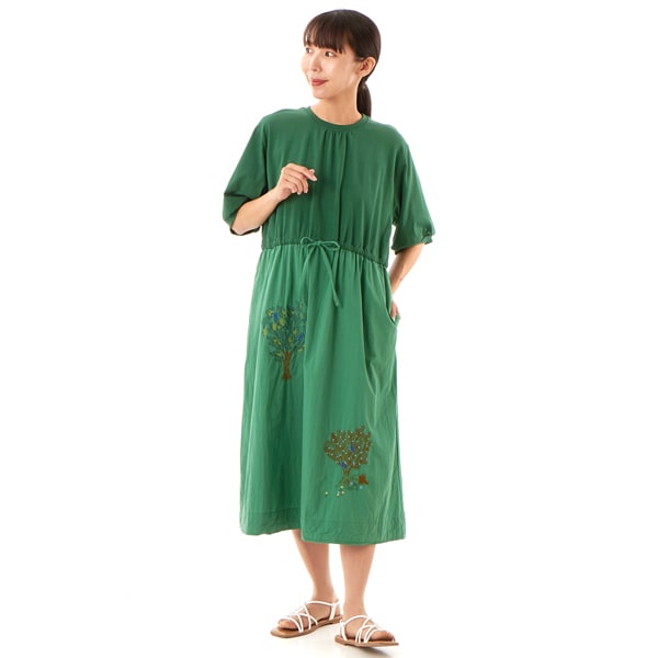 スーパーハッカ（SUPER HAKKA）/コットンローンワッシャーバードツリー刺繍×天竺ワンピース