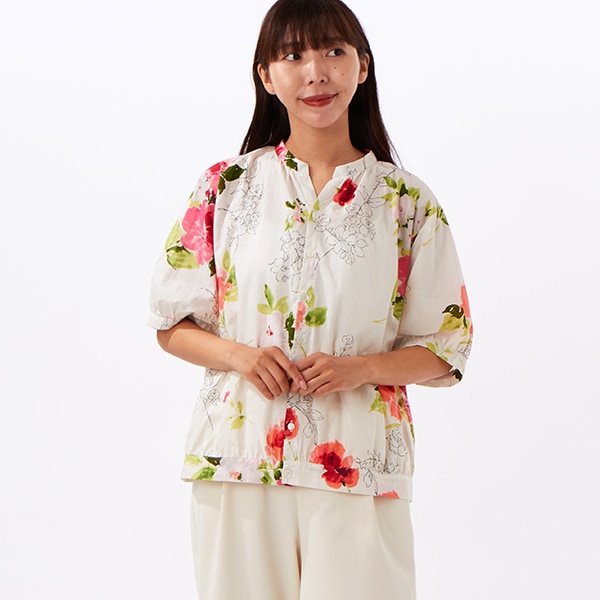 スーパーハッカ（SUPER HAKKA）/コットンローンルシオール加工ブラーフラワープリントスキッパーブラウス