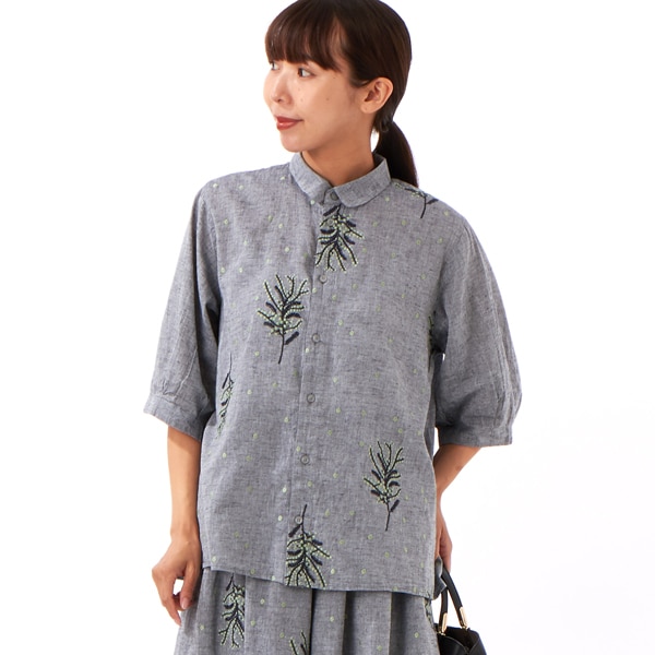 スーパーハッカ（SUPER HAKKA）/先染めシャンブレー ミモザ&ドット刺繍コクーンスリーブブラウス