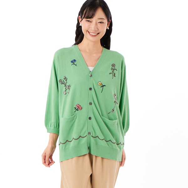 スーパーハッカ（SUPER HAKKA）/ハイツイストコットンスキャタードフラワー刺繍Vネックニットカーディガン