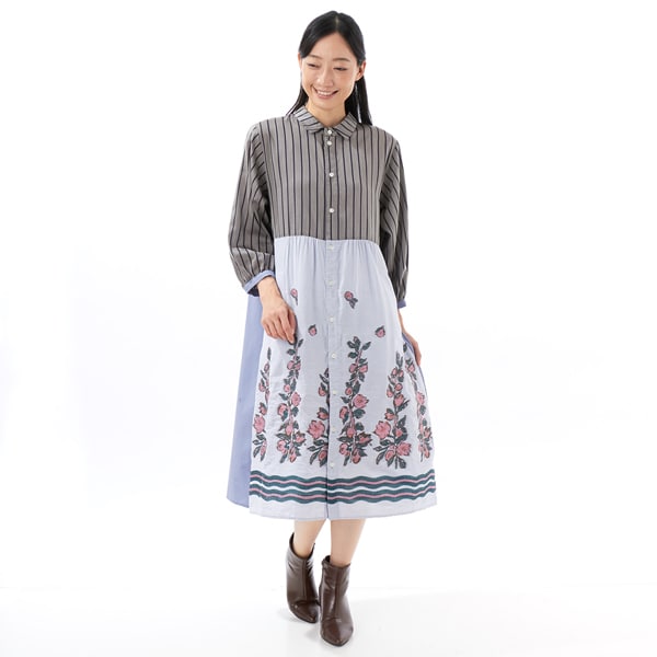 スーパーハッカ（SUPER HAKKA）/ブロッサムヴァインカットジャカード+ストライプシャツワンピース(前開き)
